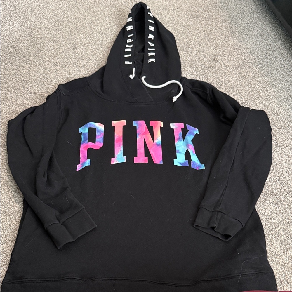 PINK Victoria's Secret Black Hoodie with Multicolor Logo